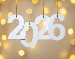 White paper numerals spelling out the year 2026 hanging with golden bokeh lights in the background celebrating the upcoming new year