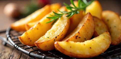 Warm toast potatoes cooling, with a focus on the comforting aroma and texture. Warm, golden brown toasted potato wedges with visible rosemary sprigs arranged on a cooling rack, suggesting they are