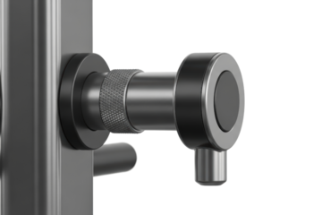 Close-up of a modern black and silver metal door handle lock on a transparent background