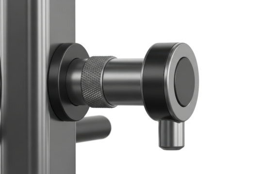 Close-up of a modern black and silver metal door handle lock on a transparent background