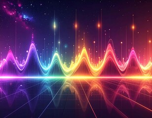 Colorful neon soundwave over a grid with stars and a reflection