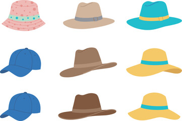 Colorful hat collection, bucket hat, fedora, cowboy hat, baseball cap, wide-brimmed hat, fashion accessories, headwear styles, cartoon illustration, vector art