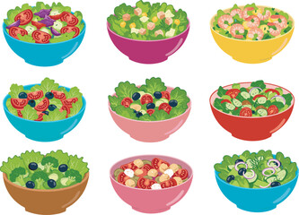 Colorful salad bowls, fresh vegetables, healthy ingredients, meal variety, cartoon food, vector illustration, nutrition concept, culinary design, diet plan, vibrant presentation