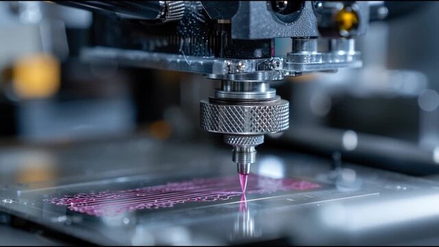 Biomaterials Engineering medical tissue technology medicine. Regeneration research. Implant innovation. Bioprinting technology. 3D printer nozzle depositing pink material on a surface.