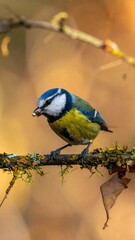 Vivid close-up of a small bird perched on a mossy branch