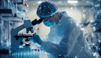 Scientist using a high-powered microscope in a modern laboratory setting