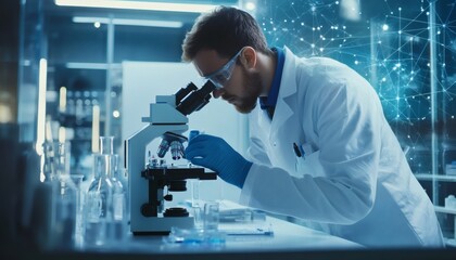 Scientist using a microscope in a modern laboratory setting
