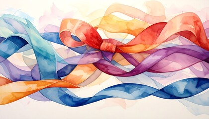 Watercolor rendering of flowing ribbons in varied colors, tied in a bow