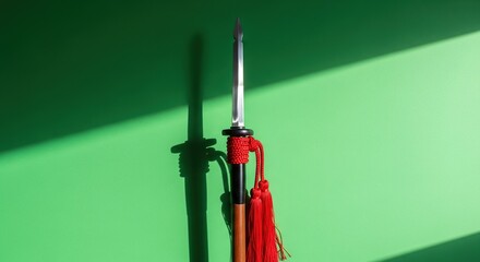 Sharp Spearhead with Red Tassels Casts Dramatic Shadow on Vibrant Green Background