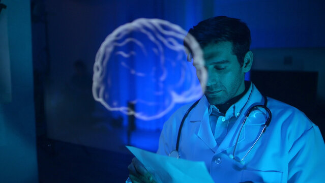Doctors analysis for brain with futuristic hologram technology