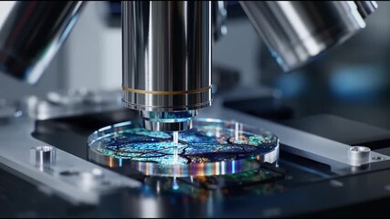 Biomaterials Engineering medical tissue technology medicine. Regeneration research. Implant innovation. Bioprinting technology. A microscope examining a colorful specimen slide. - Powered by Adobe