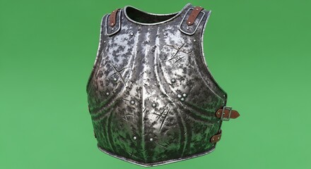 Authentic Battle-Scarred Medieval Breastplate with Leather Straps, Isolated on Green