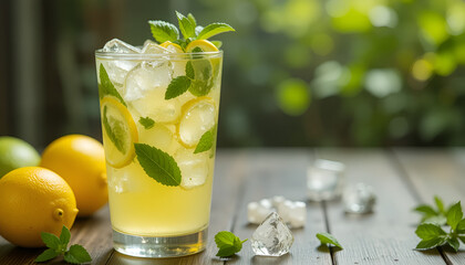 Fototapeta premium Refreshing Lemon Mint Cooler with Ice in Transparent Glass