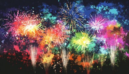 Vibrant fireworks display painting with colorful bursts and splashes