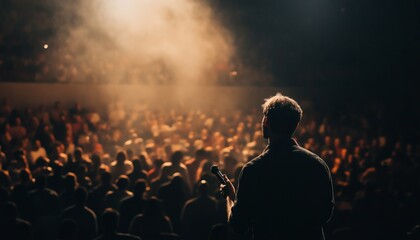 Person holding microphone, addressing a large crowd in a dimly lit auditorium