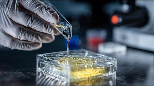 Biomaterials Engineering medical tissue technology medicine. Regeneration research. Implant innovation. Bioprinting technology. A scientist carefully adding liquid to a petri dish in a lab setting.