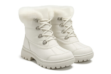 Pair of white fur winter boots with laces