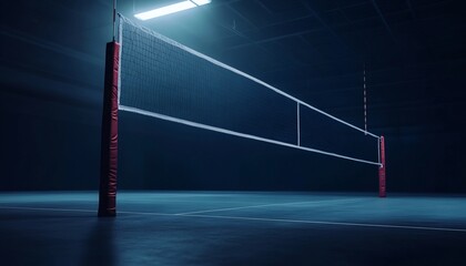 Indoor volleyball court at night with a net in the center