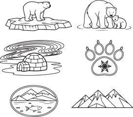 Arctic Polar Bear, Igloo, Mountains, and Paw Print Line Art