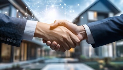 Business partners shaking hands, houses in the background