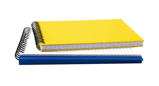 Bright yellow spiral-bound notebook with blue stationery item for office, school, or design mockup isolated PNG with Transparent Background