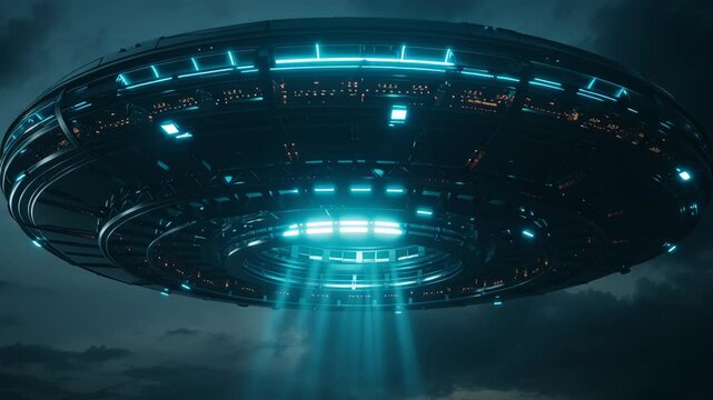 Futuristic flying saucer with glowing lights in a dark sky, perfect for sci-fi themes and creativity