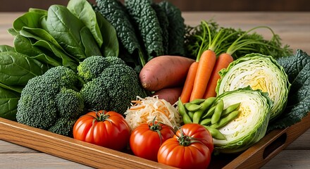 A bountiful wooden tray filled with fresh, vibrant, and healthy vegetables including broccoli, tomatoes, carrots, cabbage, spinach, kale, sweet potatoes, and ed