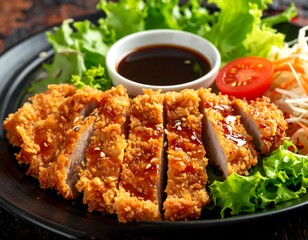 Delicious fried pork cutlet with sauce and fresh salad on a plate
