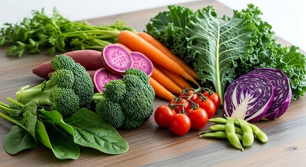 Assortment of Fresh, Vibrant Vegetables Arranged on a Wooden Surface
