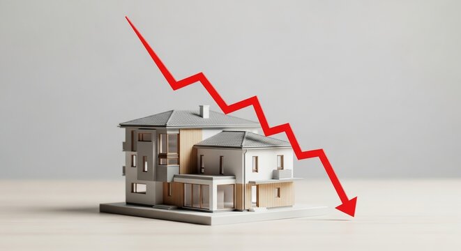 Miniature house with a red downward arrow symbolizing a decline in real estate value.