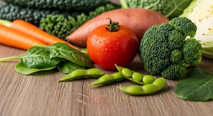 Assortment of fresh vibrant vegetables including tomato, broccoli, and edamame on a rustic wooden table