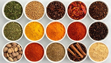Assortment of Spices in Bowls, Culinary Ingredients, Overhead View.