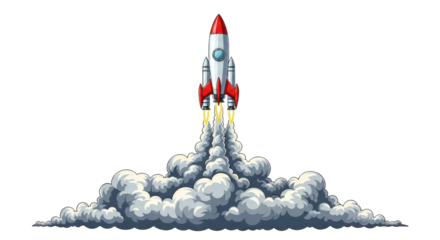 Red cartoon rocket blasting off with exhaust smoke cloud representing business startup success isolated PNG with Transparent Background