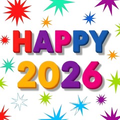 Happy 2026 Colorful Celebration Vibrant New Year Greeting Design with Starbursts