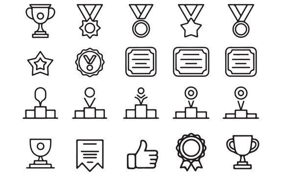 Collection of award and achievement icons featuring trophies ribbons medals certificates stars and thumbs up for recognition and success