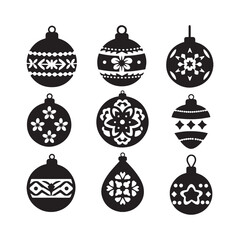 Set of Elegant Christmas Ornament Silhouettes with Floral and Geometric Patterns. 