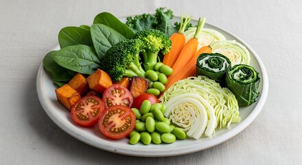 Colorful Vegan Plate with Spinach, Broccoli, Carrots, Edamame, Tomatoes, Sweet Potatoes, and Cabbage