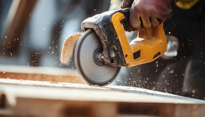 Close-up of a construction worker using a circular saw to cut a piece of wood