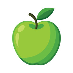 A vibrant green apple with a glossy skin, a small brown stem, and a single green leaf, isolated on white background, showcasing freshness and natural beauty