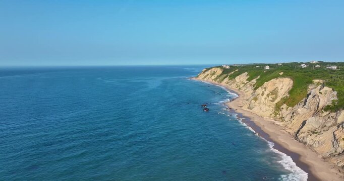 New Shoreham, RI, USA 08-12-2025: Aerial video over Mohegan Bluffs, New Shoreham, Block Island, Rhode Island