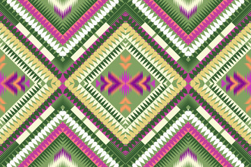 Geometric abstract ethnic fabric pattern, green background, diamond for textile, clothes, curtains, carpets, pillows, bags, decoration, vector illustration.