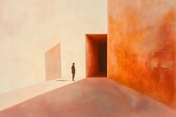 Lone figure contemplates vast orange wall and light beside tall cylinder in abstract minimalist scene
