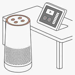 Smart Speaker and Tablet: Illustrative depiction of a smart speaker and tablet on table, depicting modern tech integration.