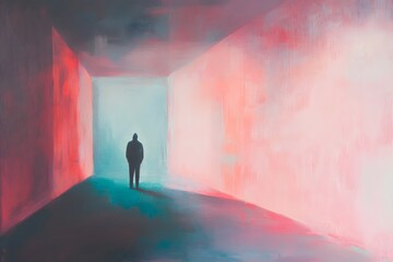 Solitary figure standing in a surreal glowing corridor with abstract light and shadows creating a dreamlike atmosphere