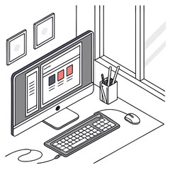 Workspace Illustration: A meticulously drawn workspace scene showcasing a computer, keyboard, mouse, and stationary, all meticulously arranged near a window with art on the wall.