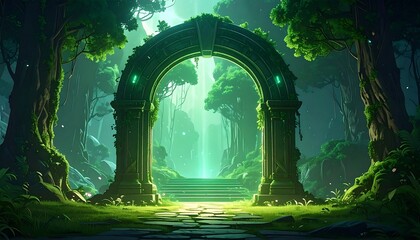Obraz premium Mystical forest scene; archway with steps leading to ethereal light