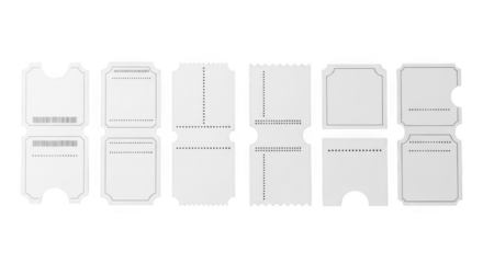 Assorted blank white paper and card templates with fold lines isolated on transparent background