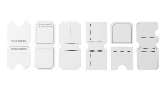 Assorted blank white paper and card templates with fold lines isolated on transparent background