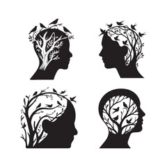  Set Of Serene Human Silhouette with Branches and Birds Symbolizing Freedom and Inner Peace.