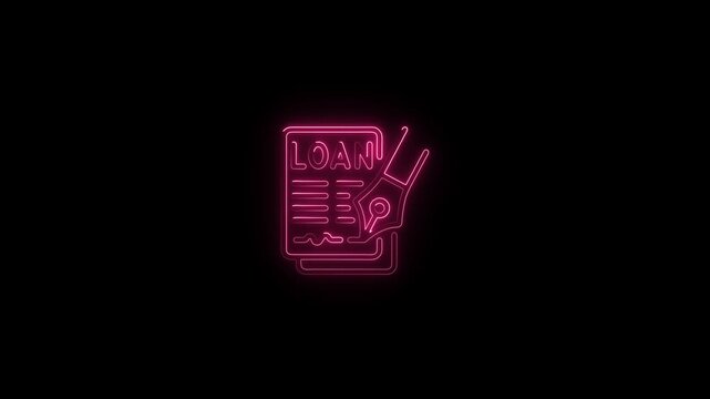 Pink neon outline of a loan document with a pen icon against a black background contract agreement